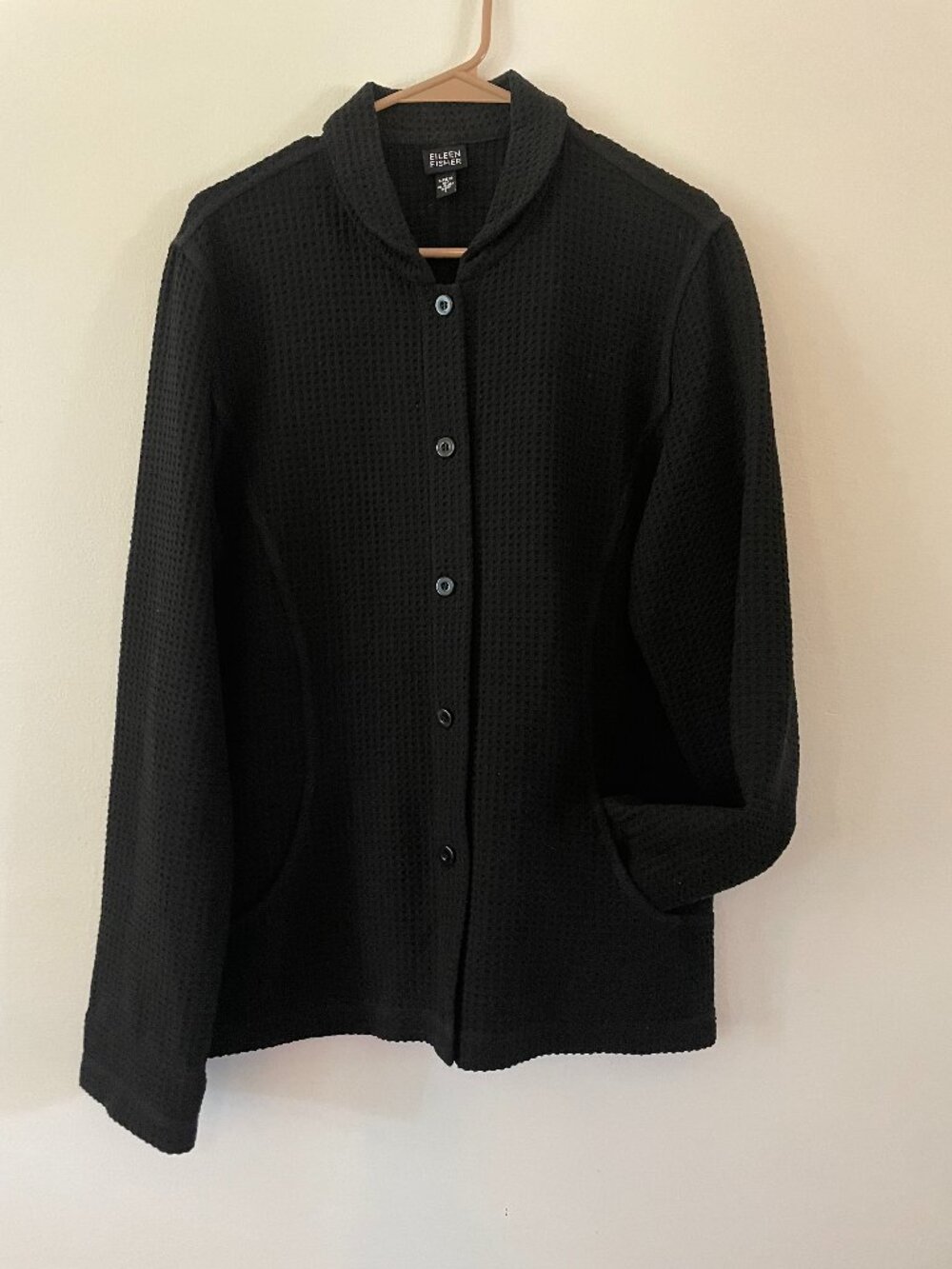 Eileen Fisher Black Waffle Knit Blazer Jacket Large Pockets Button Up Stretch